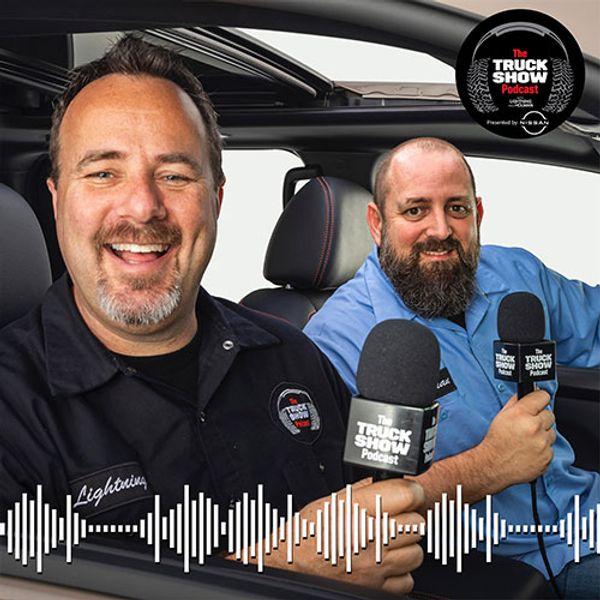 The two truck show podcast hosts Lightning and Holman in a truck