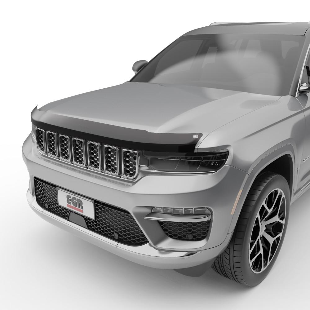 EGR SuperGuard Hood Guard in Smoke Finish installed on a silver 2024 Jeep Grand Cherokee front end.